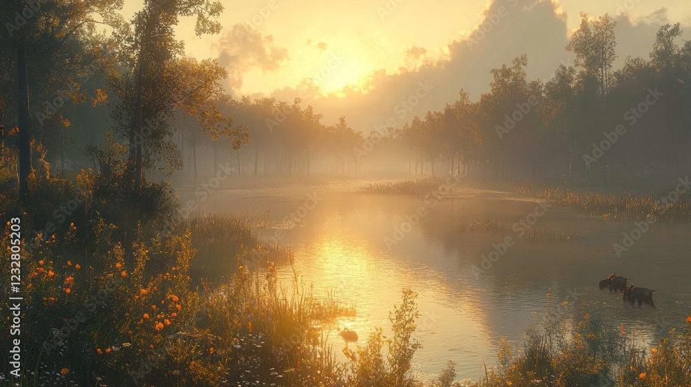 Misty sunrise over calm river in forest. Misty sunrise over calm river in forest.
