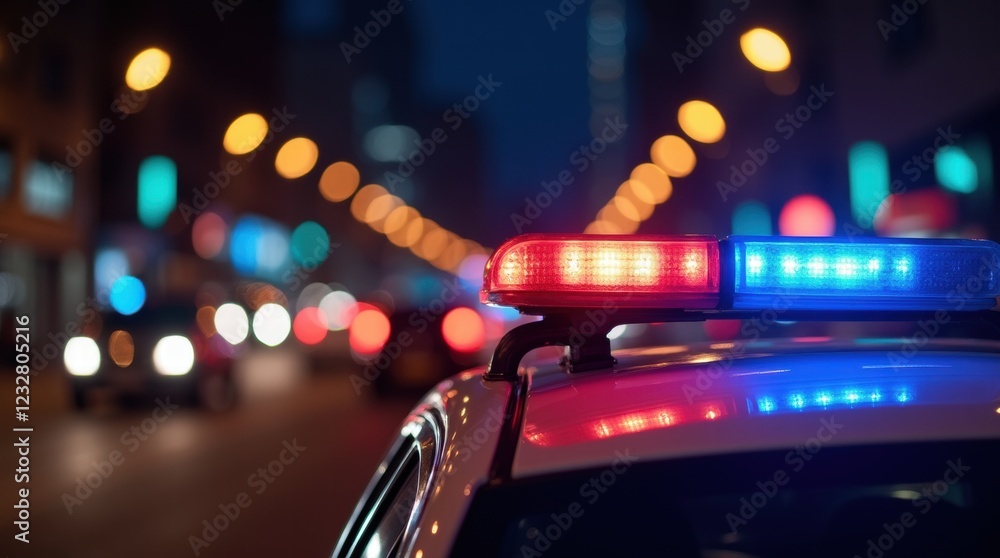 Flashing lights of a police car on a city street at night Flashing lights of a police car on a city street at night