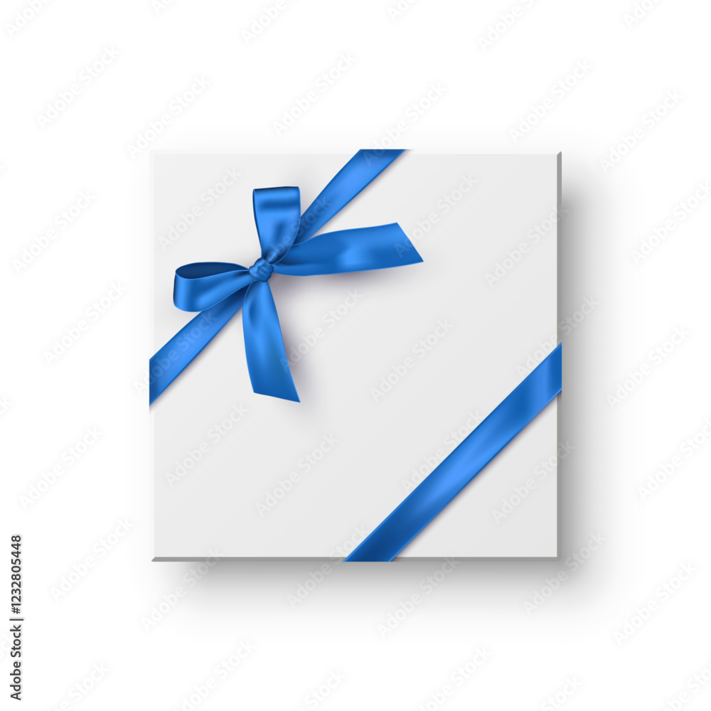 White box with blue ribbons and bow. Blue wrapping decoration on transparent background. Gift box decoration. Realistic 3d vector illustration. White box with blue ribbons and bow. Blue wrapping decoration on transparent background. Gift box decoration. Realistic 3d vector illustration.