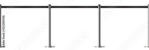 Seamless belt barrier with stanchions and red ropes. Security control metal pole post. Airport entry rail, zone chrome divider, vip barricade. Realistic vector illustration.