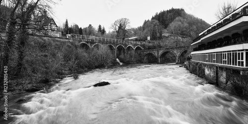 The River Dee in spate, from the Chain Bridge at the Chain Bridge Hotel. Llangollen, North Wales, UK