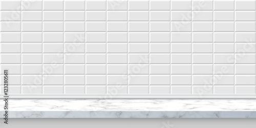 White subway tile with marble shelf. Metro brick horizontal pattern with pedestal. Bathroom, kitchen or pool interior for product display. Interior design element. Realistic 3d vector background.
