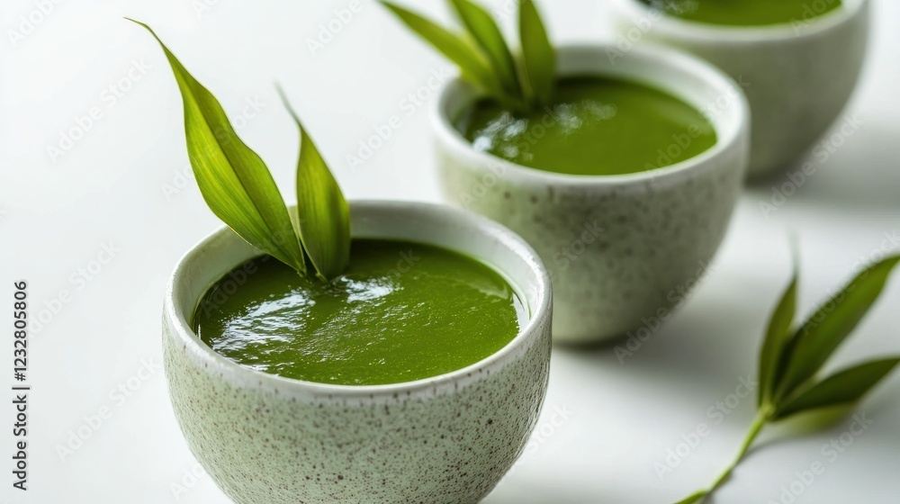 Green soup in three bowls, garnished with leaves. Green soup in three bowls, garnished with leaves.