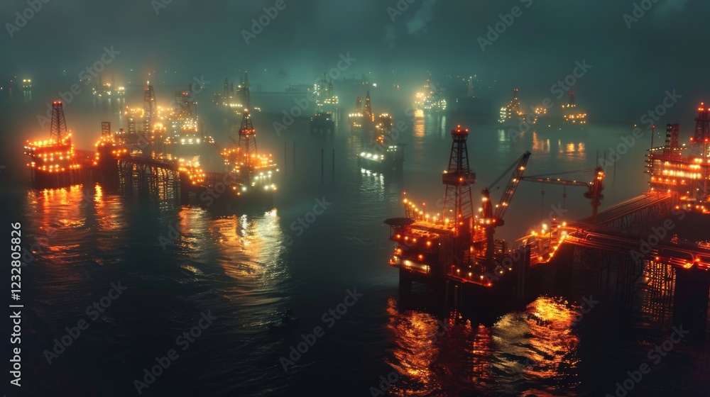 Oil rigs are brightly lit and actively working in a foggy sea at night, creating a striking contrast against the dark waters and hazy atmosphere. Oil rigs are brightly lit and actively working in a foggy sea at night, creating a striking contrast against the dark waters and hazy atmosphere.