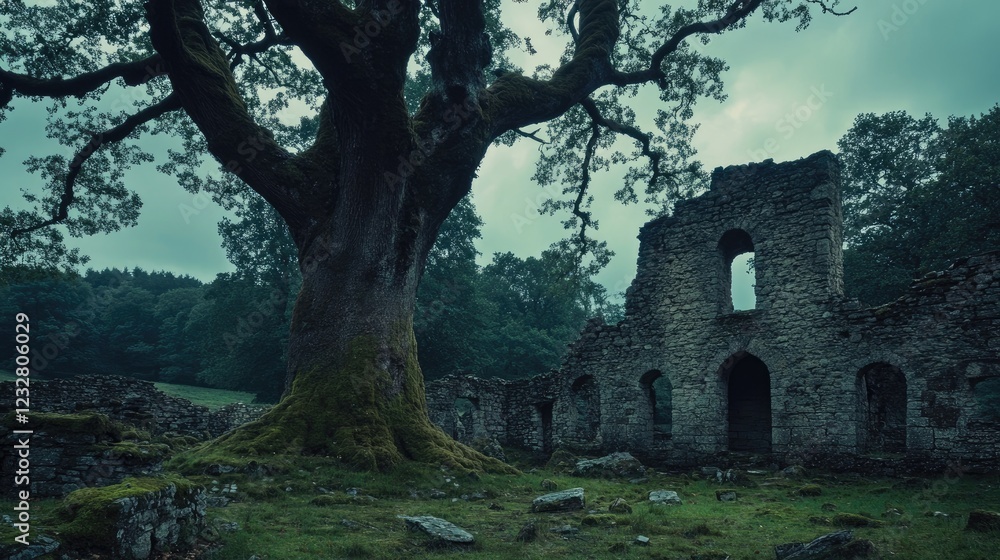 Ancient Ruins Stand Beside Moss Covered Tree Ancient Ruins Stand Beside Moss Covered Tree