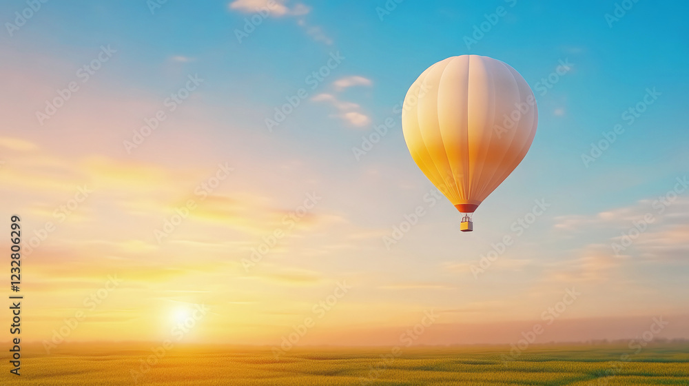 Obraz premium A vibrant hot air balloon soars over a vast, sunlit landscape with rolling hills and fields. Freedom, adventure, and travel concept.