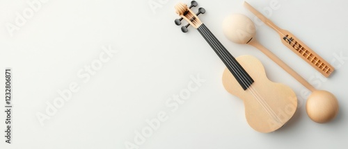 wooden musical instrument, spoon and back scratcher on white background photo