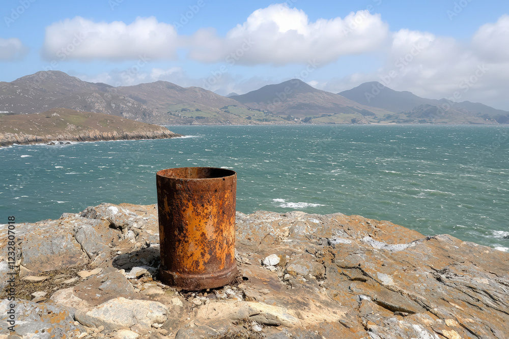 Rusty metal barrel on rocky shore with mountains and sea in background Rusty metal barrel on rocky shore with mountains and sea in background