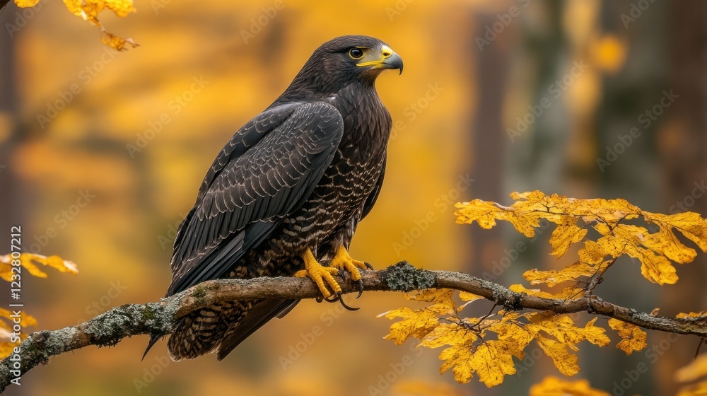 Fototapeta premium Dark hawk perched on autumn branch, forest background; nature print