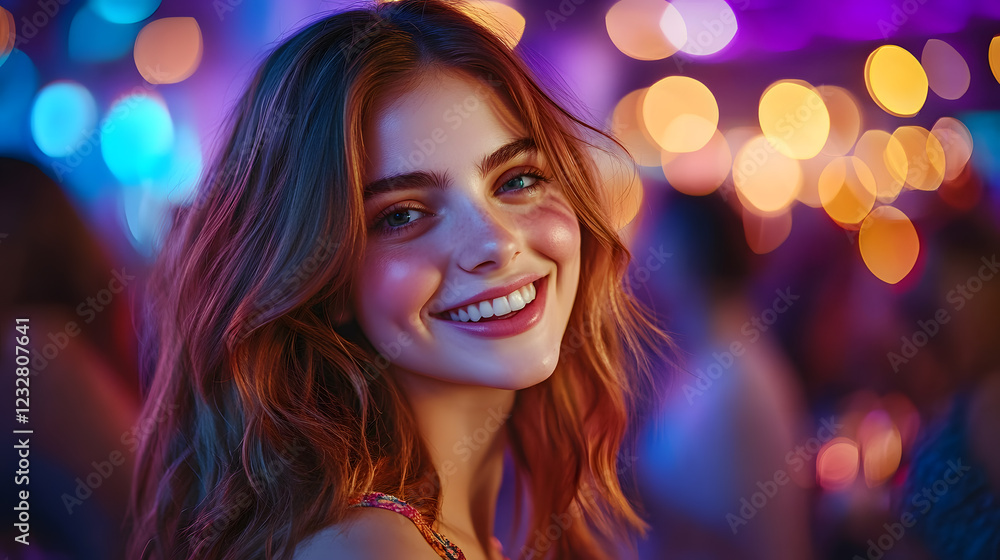 Joyful redhead dances in a nightclub, with colorful lights and a radiant smile. Joyful redhead dances in a nightclub, with colorful lights and a radiant smile.