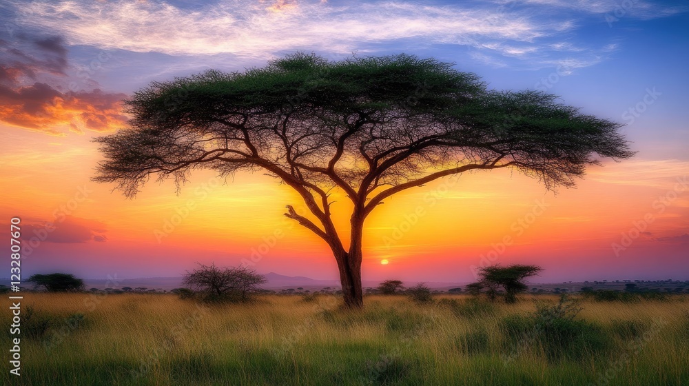 Lone acacia tree silhouetted against a vibrant sunset sky Lone acacia tree silhouetted against a vibrant sunset sky