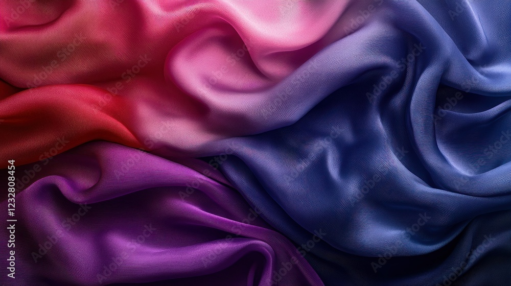 Fototapeta premium Colorful silk fabric draped, gradient red-blue, abstract textured background, textile design
