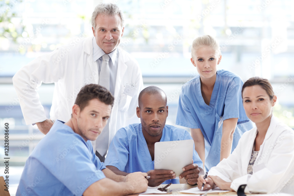 Tablet, medical and team portrait for healthcare, solidarity and collaboration in clinic. Face, doctor and group of nurses with people in meeting for cooperation, diversity and about us in hospital Tablet, medical and team portrait for healthcare, solidarity and collaboration in clinic. Face, doctor and group of nurses with people in meeting for cooperation, diversity and about us in hospital