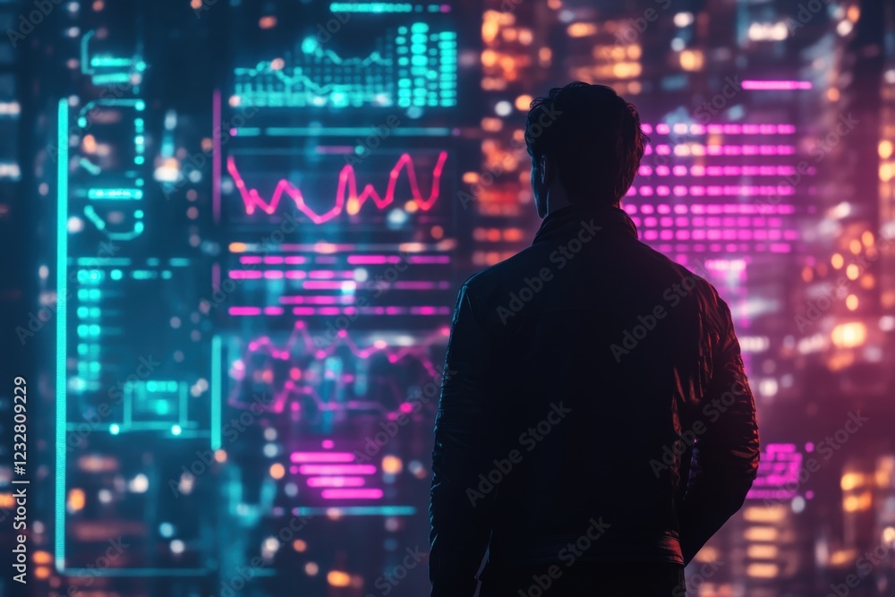 Futuristic Cityscape with Data Visualization featuring Silhouette of a Person Analyzing Digital Graphs and Neon Lights in a Technology-Driven Environment Futuristic Cityscape with Data Visualization featuring Silhouette of a Person Analyzing Digital Graphs and Neon Lights in a Technology-Driven Environment