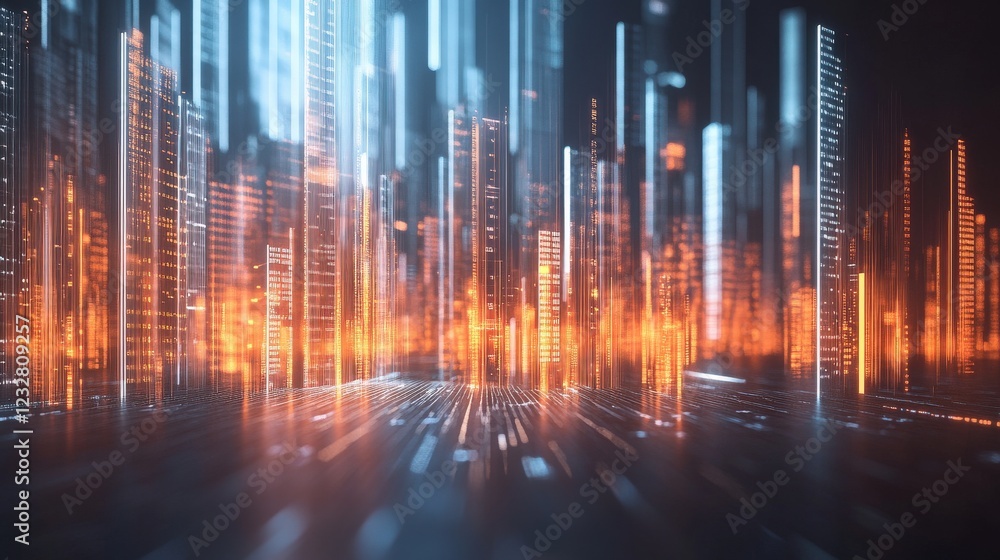 Futuristic Cityscape with Glowing Skyscrapers and Digital Light Trails Representing Technology and Innovation in a Cyberpunk Environment Futuristic Cityscape with Glowing Skyscrapers and Digital Light Trails Representing Technology and Innovation in a Cyberpunk Environment