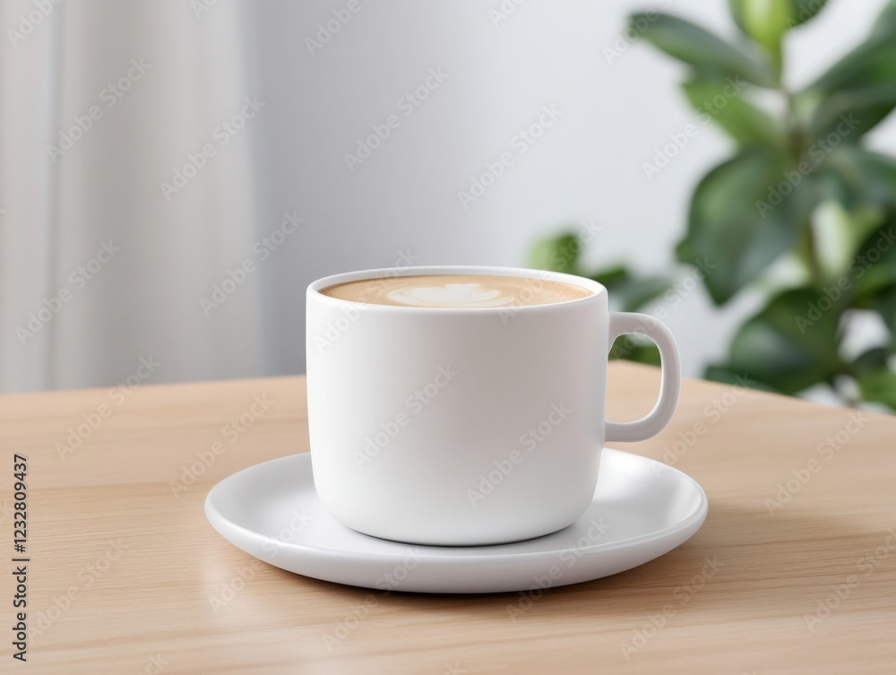 white coffee mug with cappuccino on wooden table white coffee mug with cappuccino on wooden table