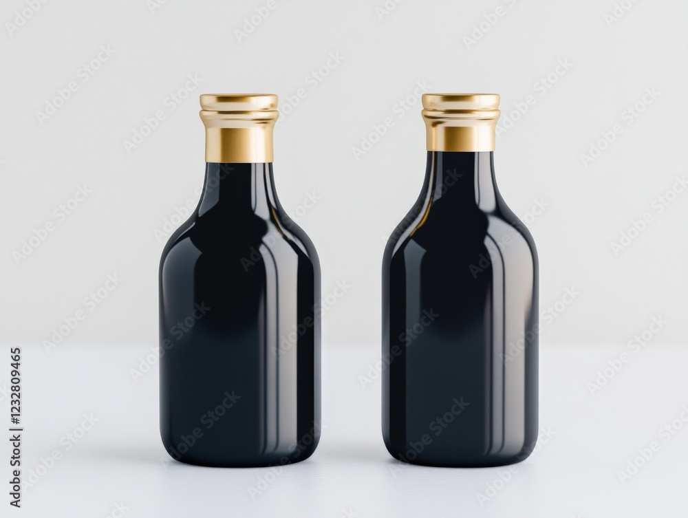 two black bottles with gold caps on a white background two black bottles with gold caps on a white background