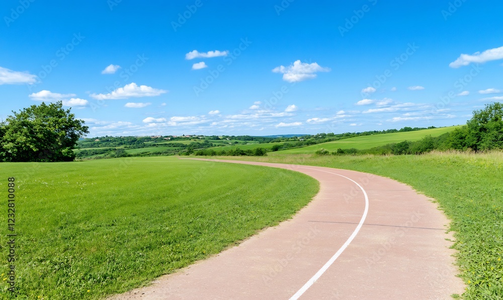 Winding path, green field, hills, sunny day, exercise Winding path, green field, hills, sunny day, exercise