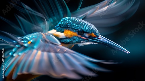 Kingfisher, dynamic flight, dark background, artistic blur, wildlife poster