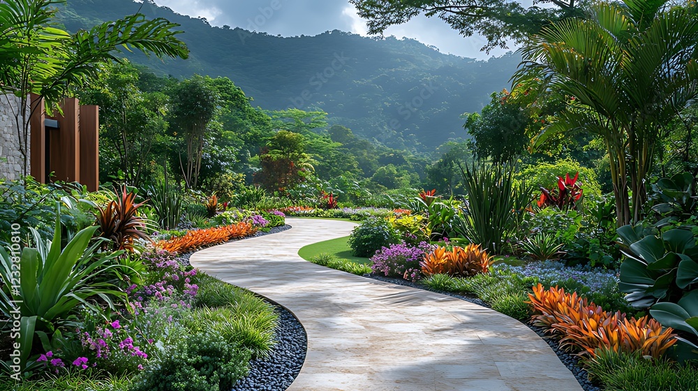 Naklejka premium Tropical garden path, winding, hillside, lush foliage, resort