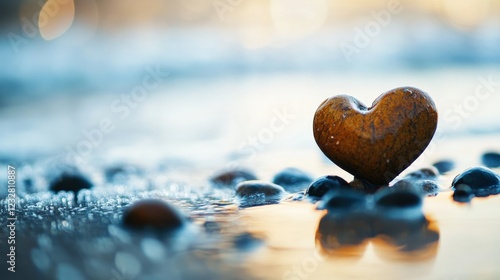 Heart-Shaped Stone on a Beach at Sunrise with Gentle Waves and Soft Light Reflecting on Wet Sand and Small Rocks, Evoking Love and Nature's Beauty