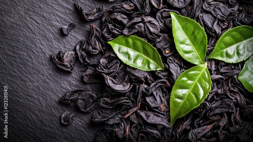 Dark tea leaves, green leaves, slate background; beverage, food photo