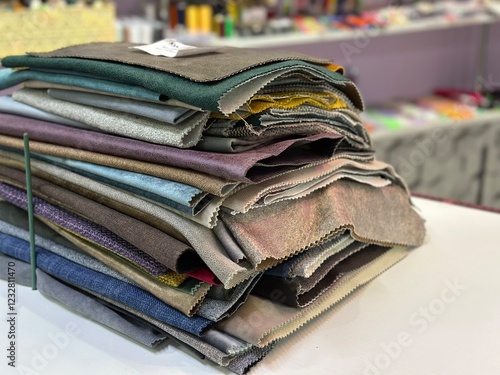 Pieces of fabric for needlework in a stack. Sewing accessories.