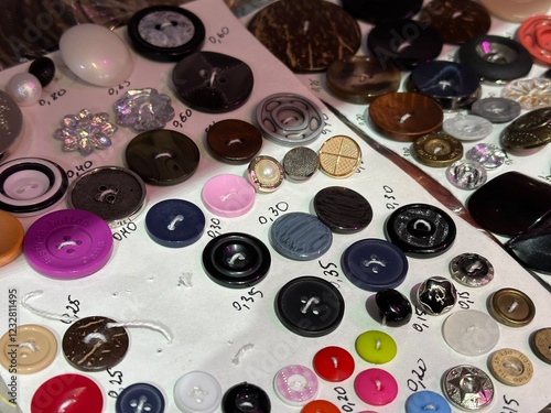 Buttons of different colors and sizes in a sewing accessories store