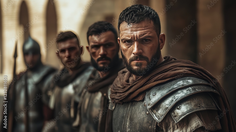 Fototapeta premium Cinematic still of men in ancient Roman armor standing next to each other.
