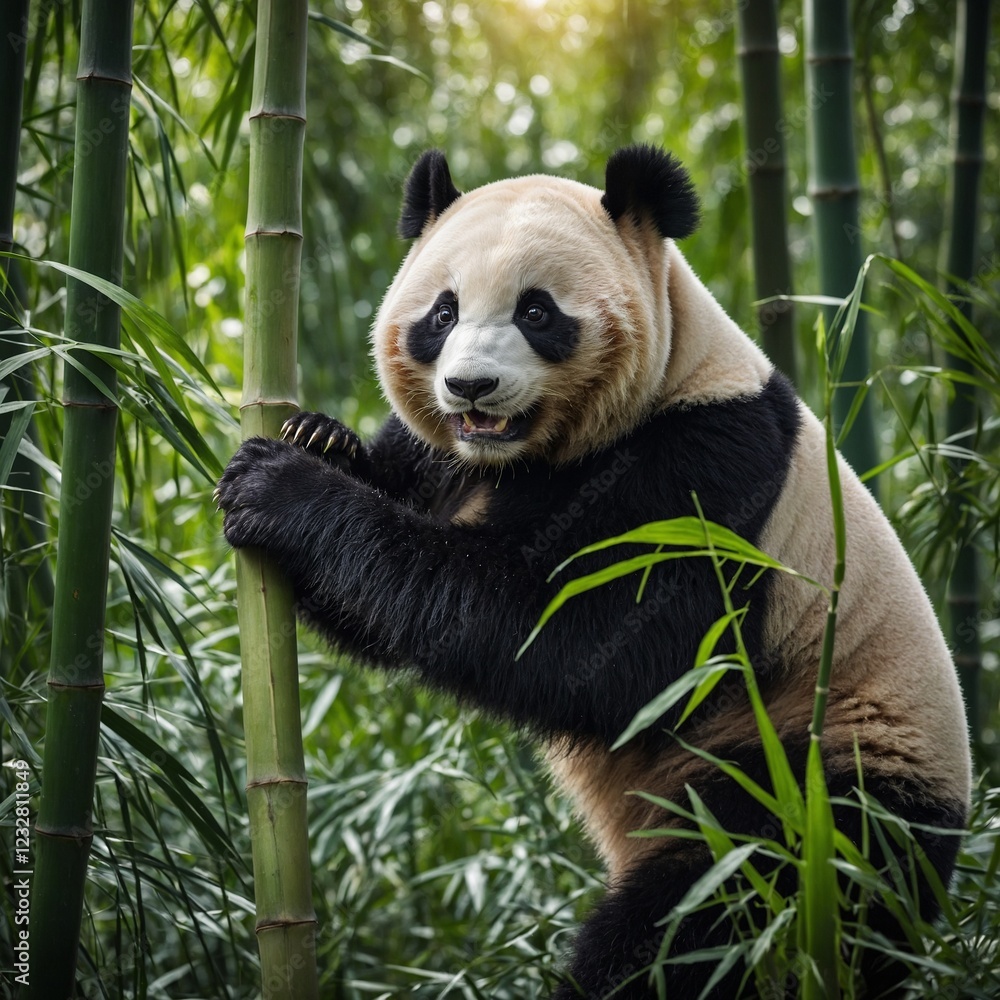 Obraz premium Panda Climbing a Bamboo Tree. 