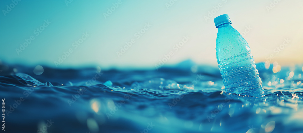 Plastic bottle floating in blue ocean waves. Marine pollution and ecology concept. Image for environmental campaigns. Banner view with copy space. Plastic bottle floating in blue ocean waves. Marine pollution and ecology concept. Image for environmental campaigns. Banner view with copy space.