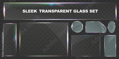 Sleek transparent glass pane set with various shapes, including rectangular, circular, and custom cuts. Modern light reflections and subtle rainbow effects, ideal for UI design, web elements, banners.