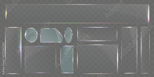 Sleek transparent glass pane set with various shapes, including rectangular, circular, and custom cuts. Modern light reflections and subtle rainbow effects, ideal for UI design, web elements, banners.