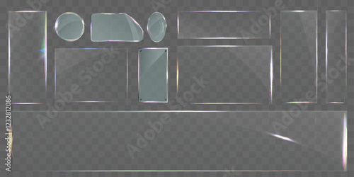 Sleek transparent glass pane set with various shapes, including rectangular, circular, and custom cuts. Modern light reflections and subtle rainbow effects, ideal for UI design, web elements, banners.