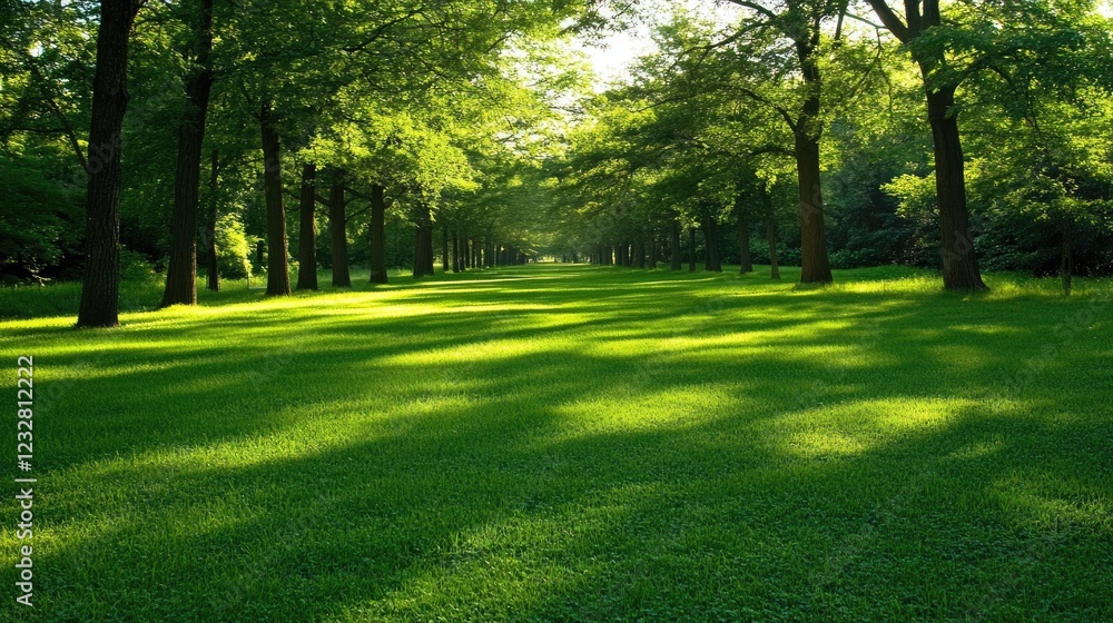 Sunlit Green Grass Path Lined With Trees Sunlit Green Grass Path Lined With Trees