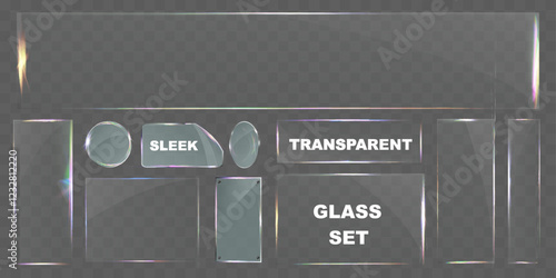 Sleek transparent glass pane set with various shapes, including rectangular, circular, and custom cuts. Modern light reflections and subtle rainbow effects, ideal for UI design, web elements, banners.