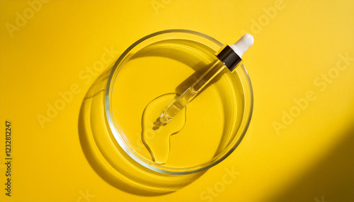 Transparent liquid in glass petri dish on yellow background. Hyaluronic, azelaic or niacinamide acid photo