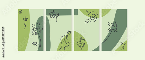 Four Abstract Spring posters. A botanical banner with geometric shapes, colors, and lines.  A set of vector illustrations. Modern interior painting in trendy green colors.