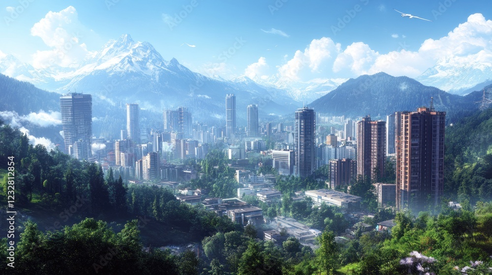 Fototapeta premium Modern City nestled in a Majestic Mountain Range