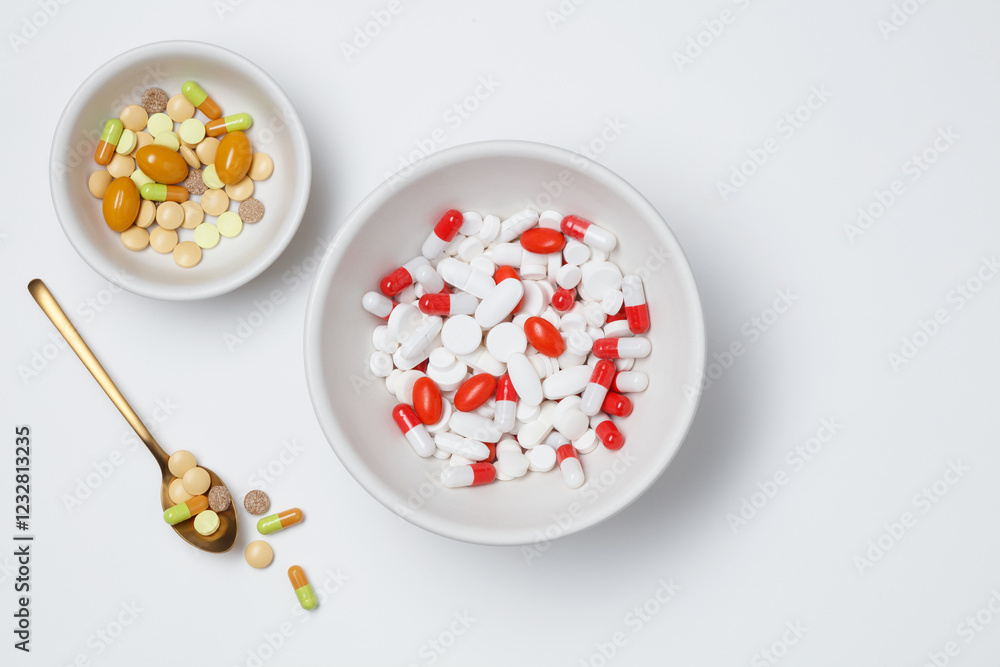 Multi-colored tablets in bowls and golden spoon on white background. Flat lay. Bowl of medicine caplets. Multi-colored tablets in bowls and golden spoon on white background. Flat lay. Bowl of medicine caplets.