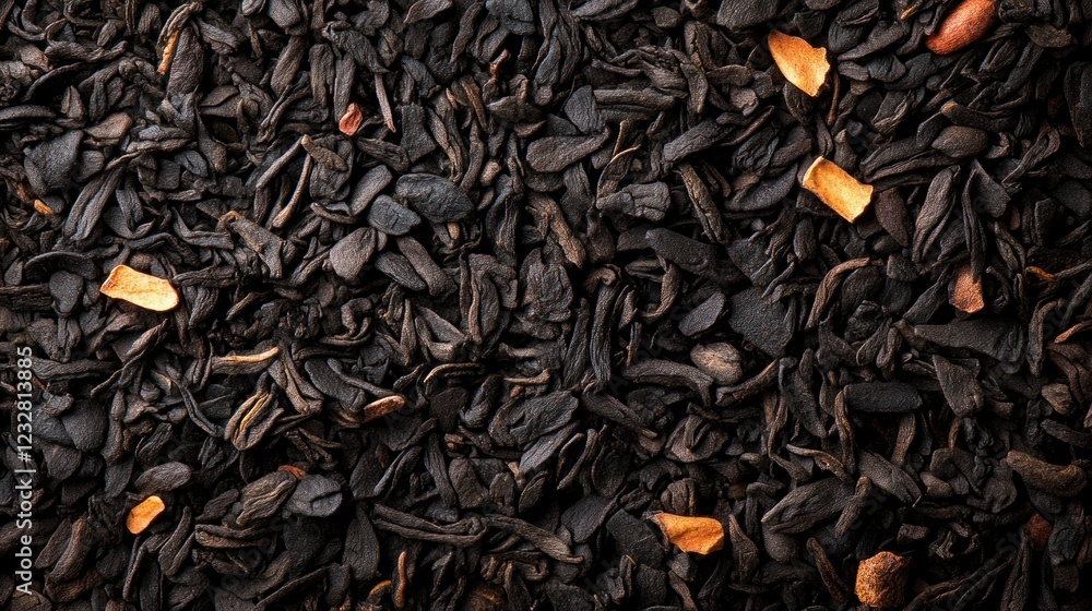 Dried black tea leaves close-up. Background texture. Food, beverage Dried black tea leaves close-up. Background texture. Food, beverage