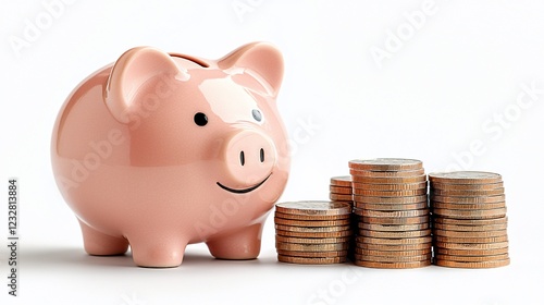 A cheerful pink piggy bank beside stacks of coins, symbolizing savings and financial growth photo