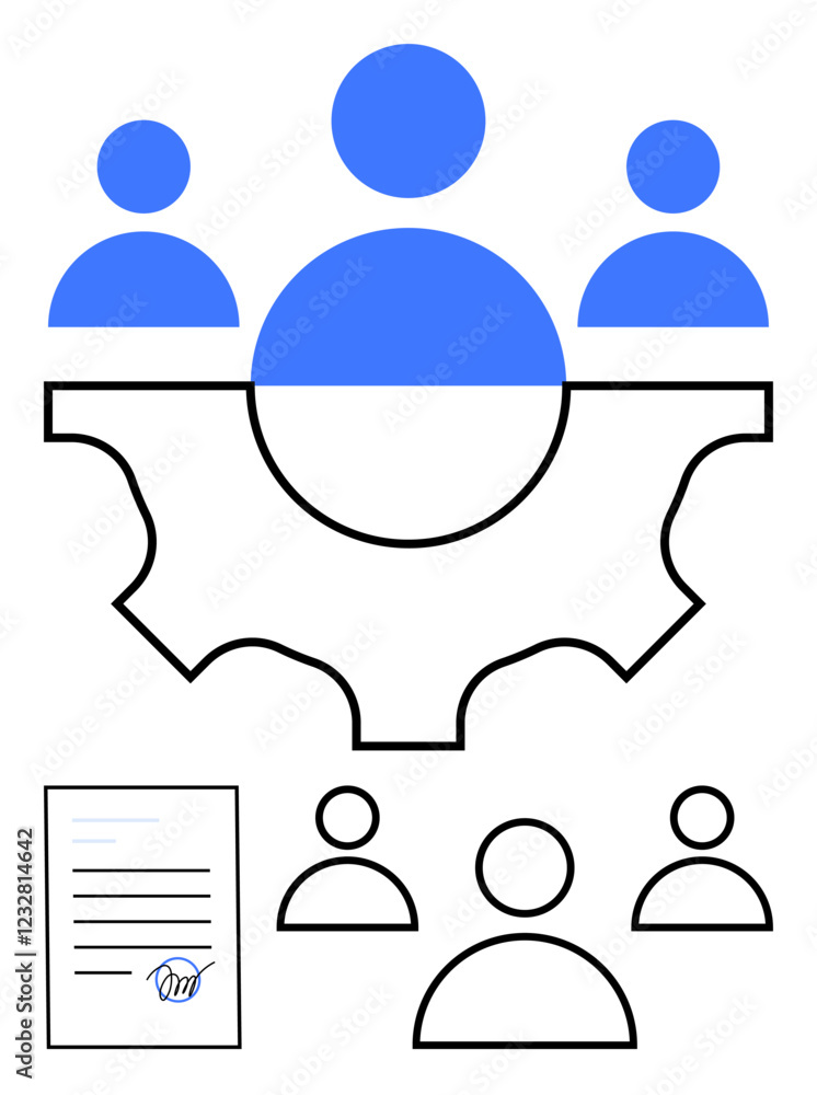 Blue and black group figures above a gear symbolize teamwork and productivity. Below, a handshake on a document represents partnership. Ideal for collaboration, business solutions, management Blue and black group figures above a gear symbolize teamwork and productivity. Below, a handshake on a document represents partnership. Ideal for collaboration, business solutions, management