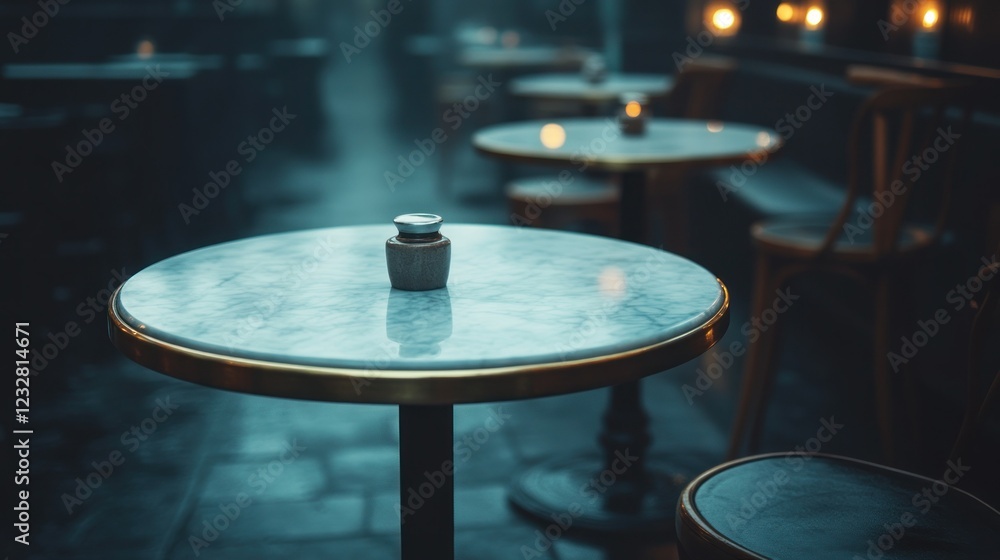 Obraz premium Empty cafe table, night scene, soft lighting, romantic ambiance, stock photo