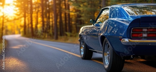 Classic car road trip, autumn forest sunset