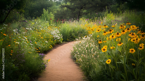 Fototapeta Naklejka Na Ścianę i Meble -  Serene Garden Path: A Summer Walk Through Blooming Wildflowers