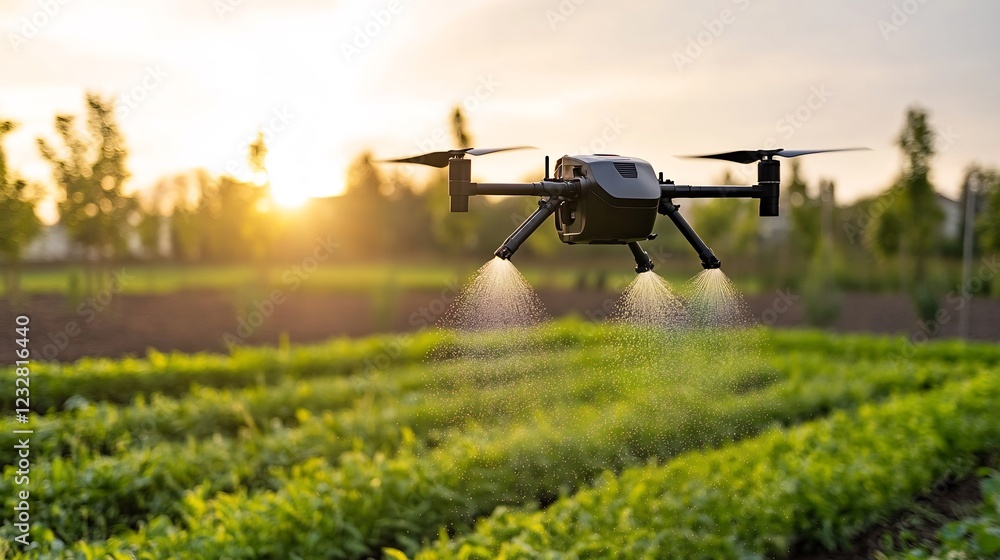Drone spraying crops at sunset farm field Drone spraying crops at sunset farm field