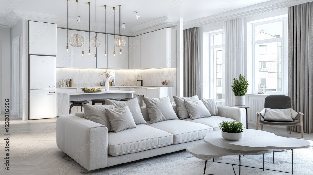 Fototapeta premium Modern Minimalist Living Room with Elegant Furniture and Bright Lighting