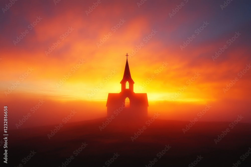 Obraz premium silhouette of a church at sunrise with fog