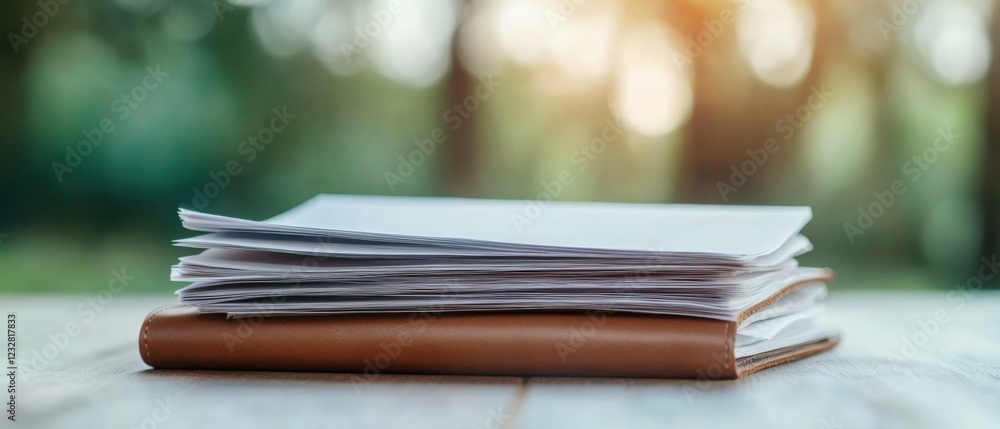 stack of papers on a leather notebook outdoors stack of papers on a leather notebook outdoors